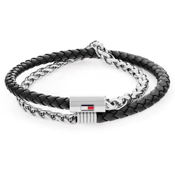 Διπλό βραχιόλι Tommy Hilfiger 2790562 με μαύρο δέρμα και ατσάλινο επιπλατινωμένο μπρασελέ με μαγνητικό κούμπωμα.